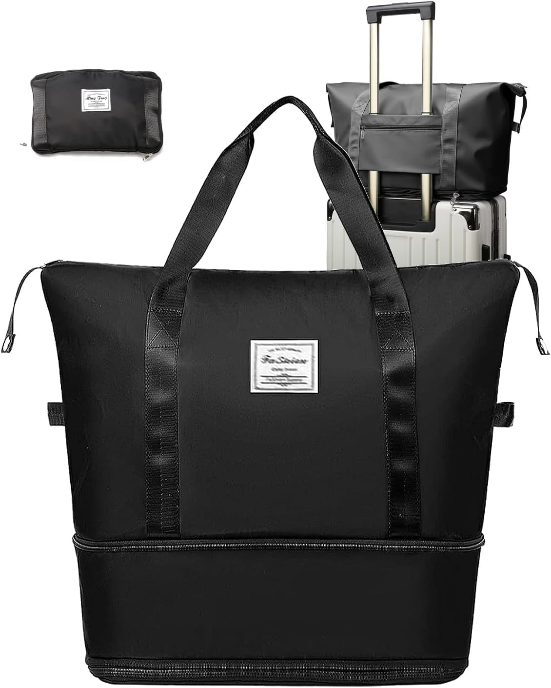 Auolen Large Capacity Folding Travel Bag, Foldable Travel Duffel Bag, Dry and Wet Separation Sports Portable Shoulder Bag, Travel Lightweight Waterproof Carry Luggage Bag (Black) image number 5