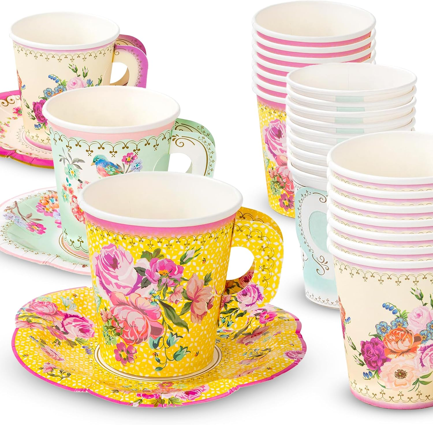 Talking Tables Truly Scrumptious Party Vintage Floral Tea Cups and Saucer Sets, Pack of 12, Height 8Cm, 3", Mixed Colors