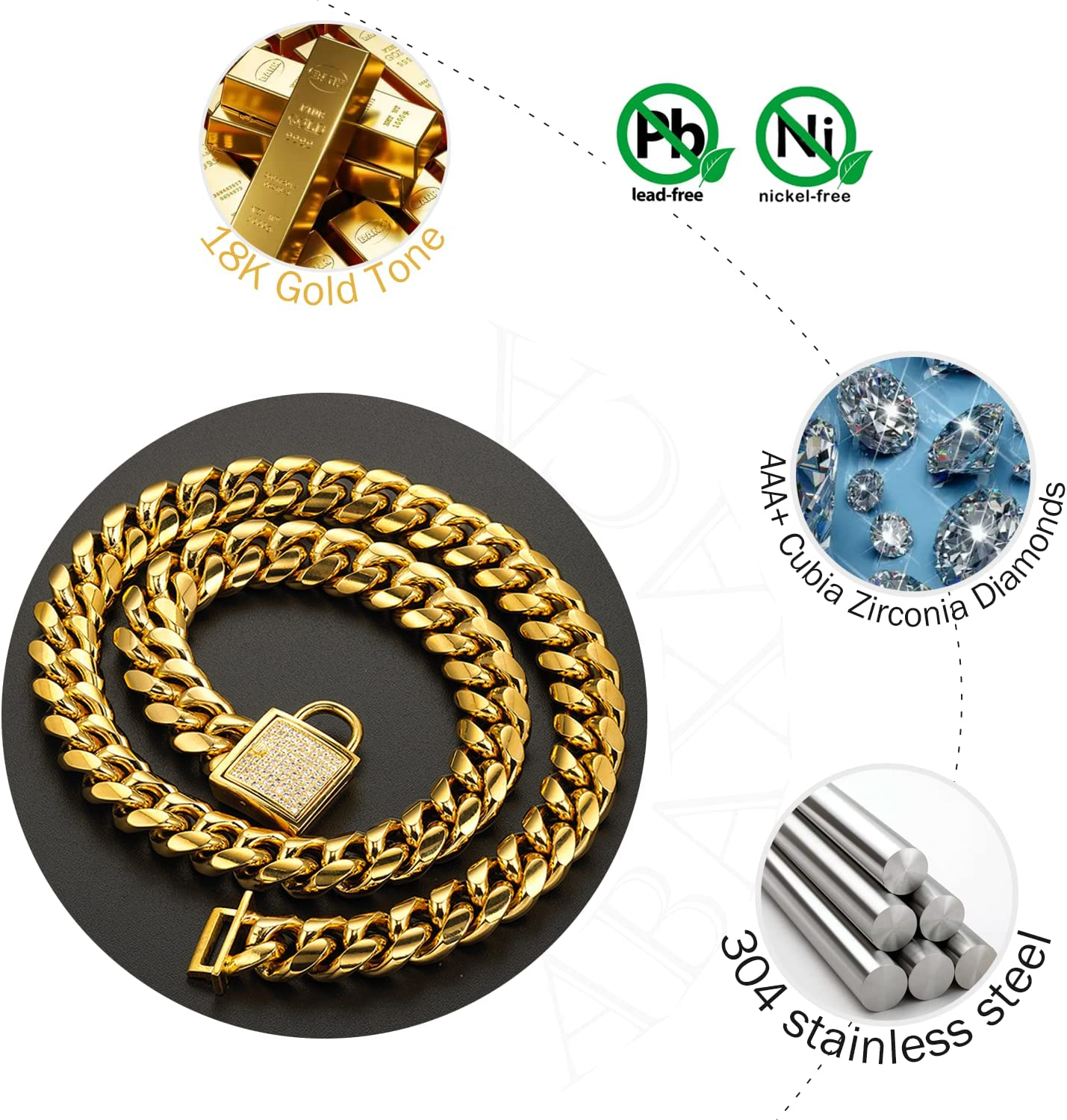 Abaxaca 18K Gold Dog Collar XS Small Metal Stainless Steel 14Mm Luxury Training Collar Cuban Link with Zirconia Lock Necklace Chain Locking Chew Proof Collar(10 Inch) image number 5
