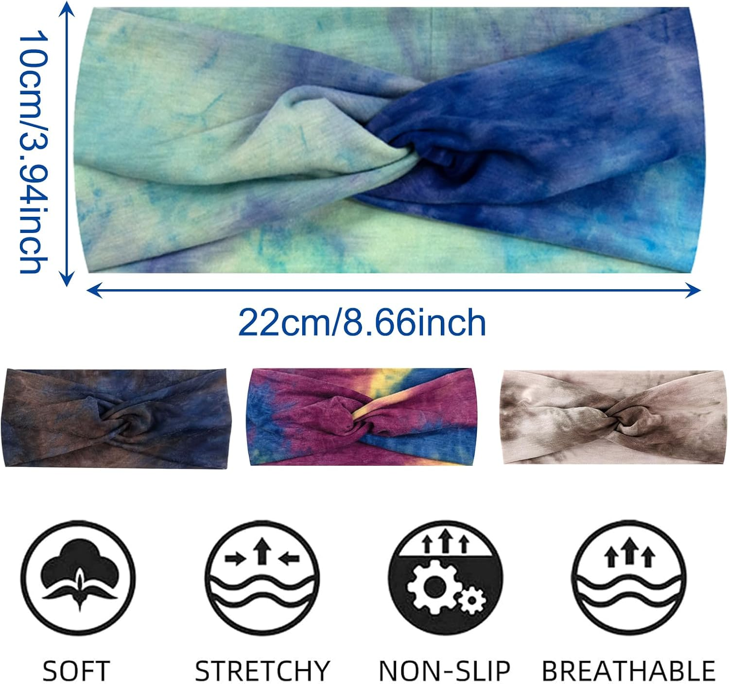 BSITSSS 4 X Women'S Hair Bands, Soft Elastic Hair Bands, Wide, Boho Headband, Multicoloured Non-Slip Headbands for Yoga, Workout, Running, Sports image number 3