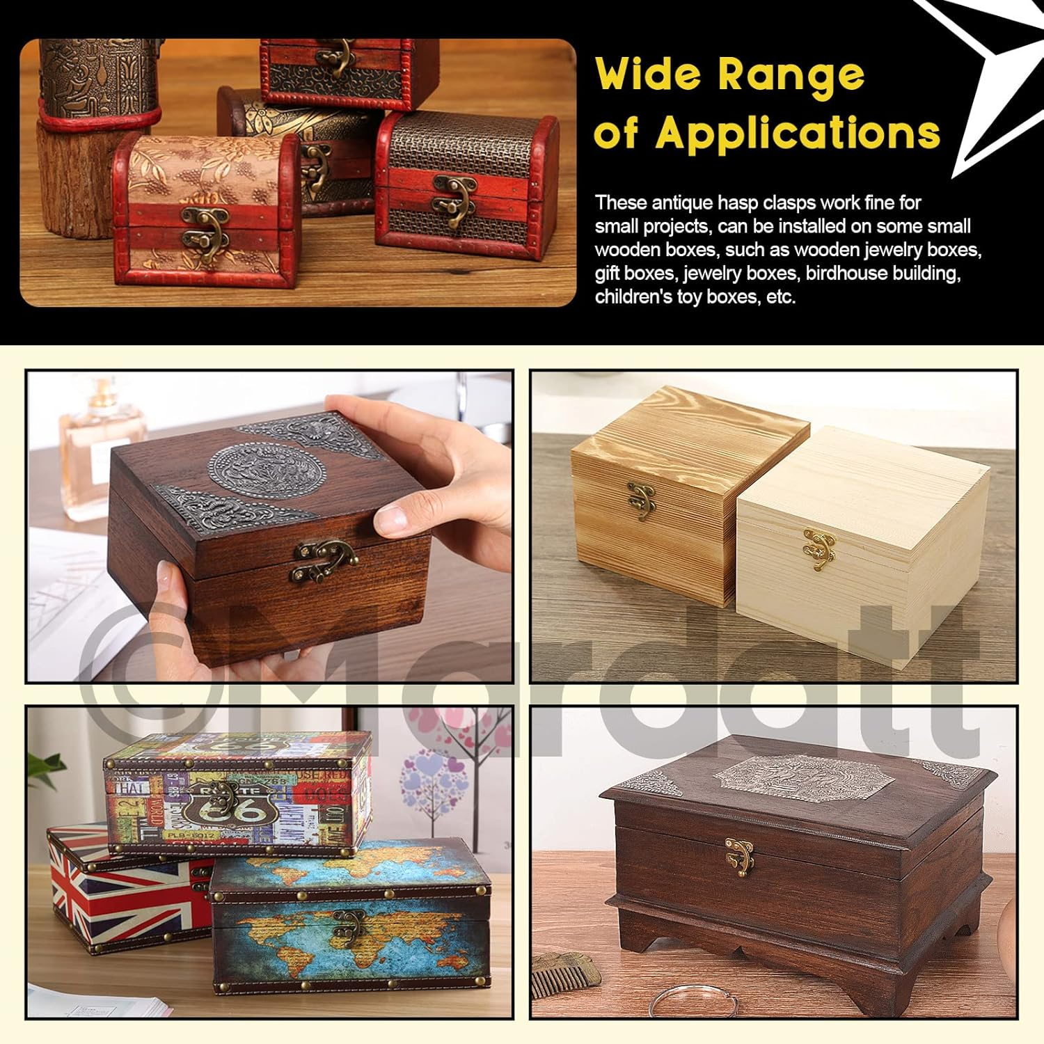 Mardatt 40Pcs Bronze Mini Box Hinges and 20 Sets Antique Right Latch Hook Hasp with 240Pcs Replacement Matching Screws Kit Jewelry Box Hasp Catch Swing Arm Latch for Decorative Cabinet Drawer image number 4