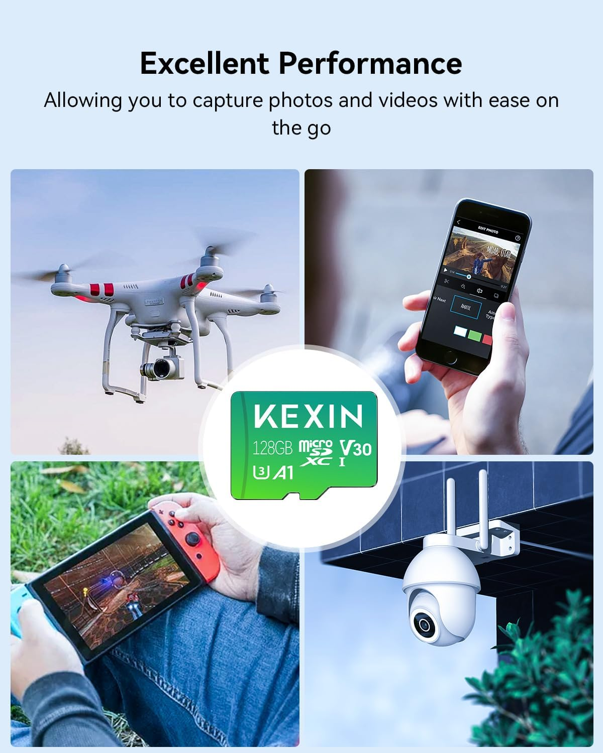 KEXIN 128GB Micro SD Card Pack of 2 Microsdxc Memory Card + SD Adapter for Action Camera Gopro Drone and Tablet, Read Speed up to 95Mb/S, 4K UHD Video Recording TF Card, C10, U3, A1, V30 image number 3