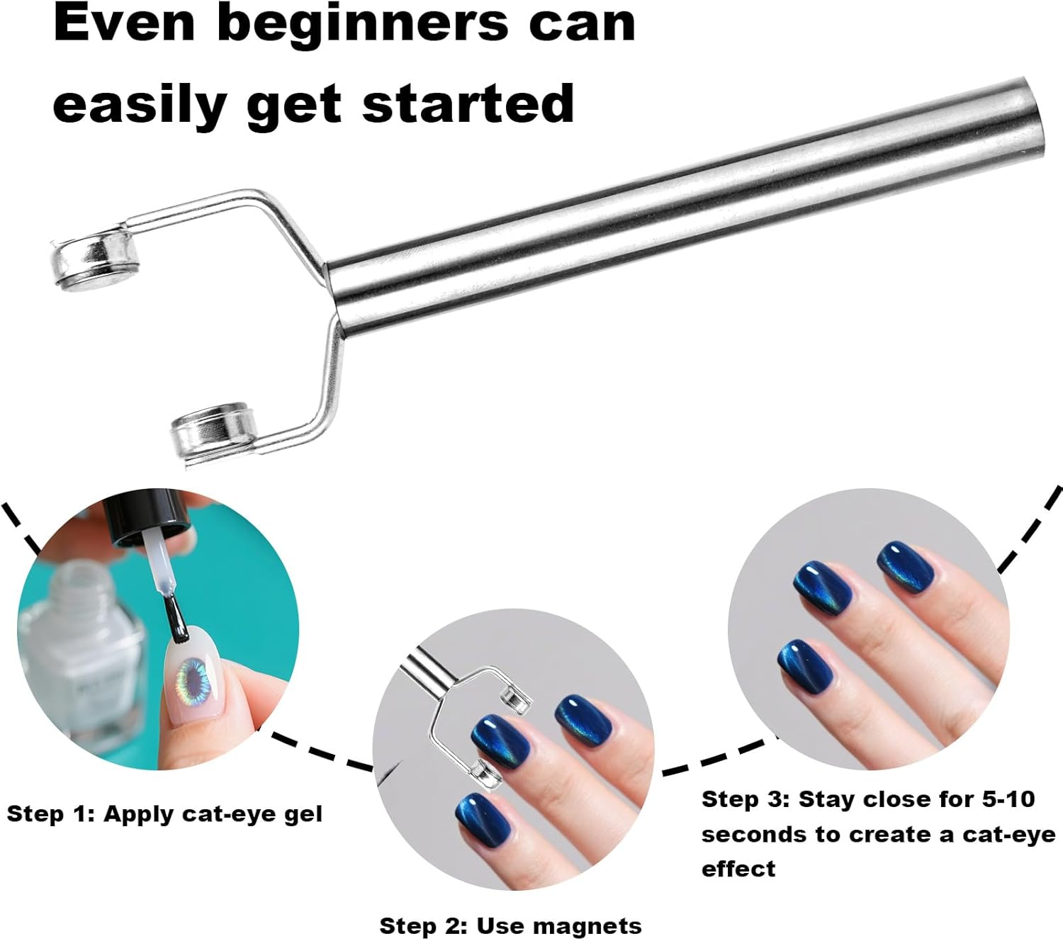 3 in 1 Cat Eye Magnet for Nails, Nail Design Tool Y-Shaped Double Head Stainless Steel Magnetic Fingernail Cateye Magnets Gel Polish Accessories for Home DIY Salon Studio Art (Silver)