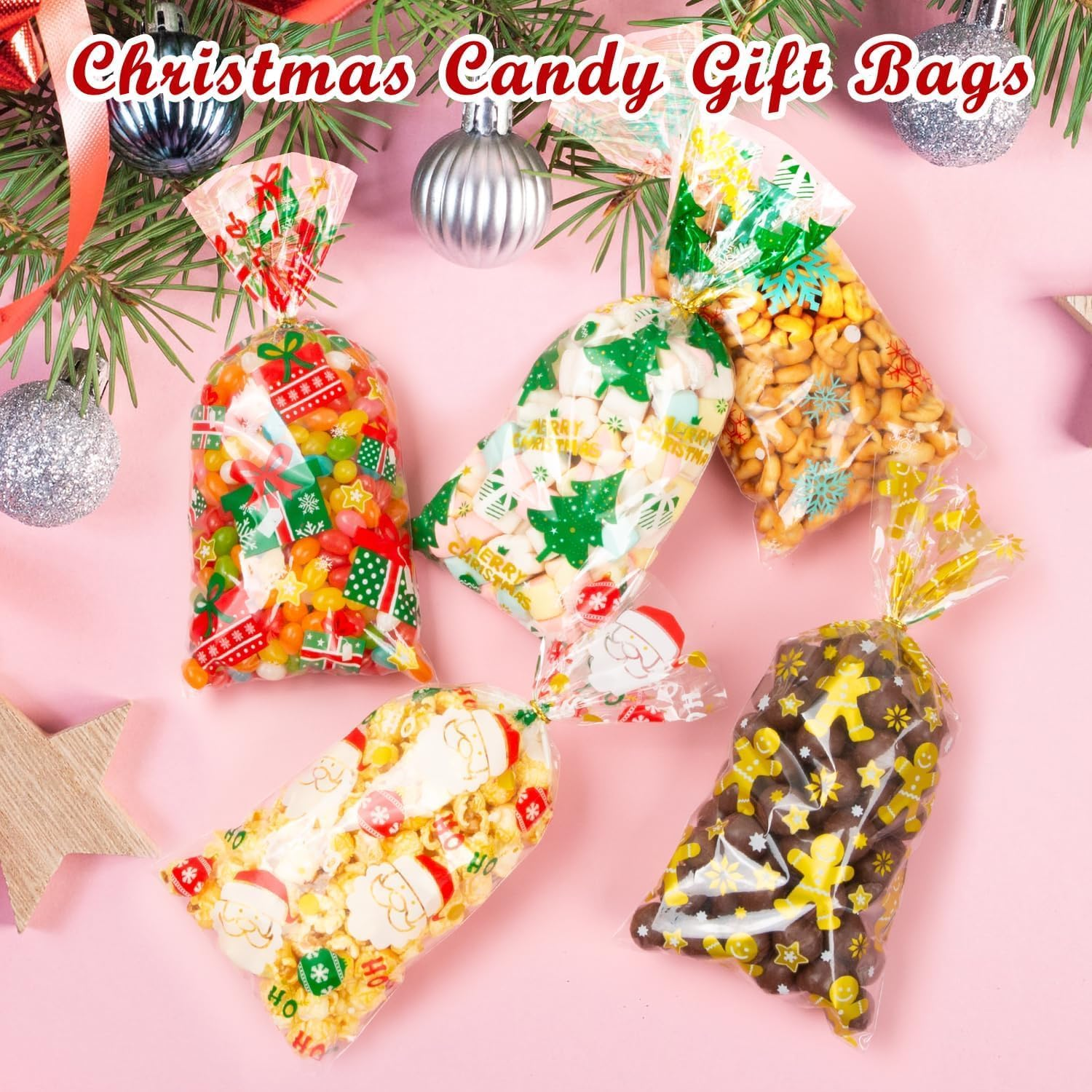 Xmas Candy Bags with Twist Tie, 10 Styles Christmas Cellophane Candy Bags, 100 Pcs Twist Ties for Cookie Goodies Gift Present Wrap Xmas Party Favor Supplies 5 Styles image number 3