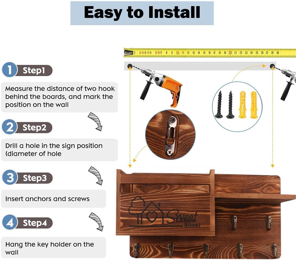 Gocokia Key Hanger Organizer, Mail and Key Holder for Wall Decorative, Wall Shelf with 7 Key Hooks, Wall Mounted Key Hangers with Mailbox, Home Decor (Brown) image number 4