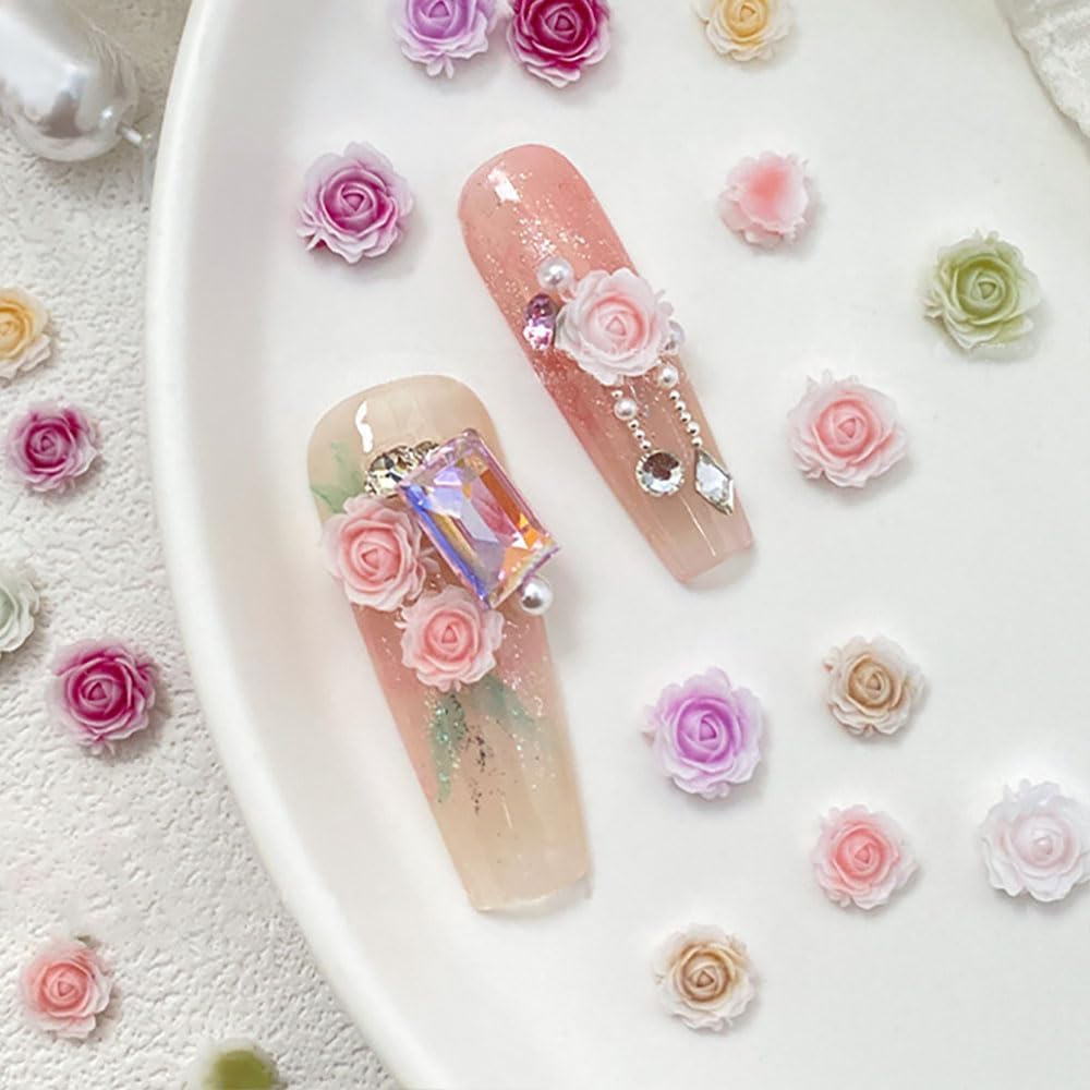 Pack of 100 Cute Flower Nail Charms, Mixed Size Flower Charms Nails Colourful Floral Nail Design Nail Charms 3D Resin Camellia Rose Flower Nail Decoration Nail Art Charms for Women Nail Art