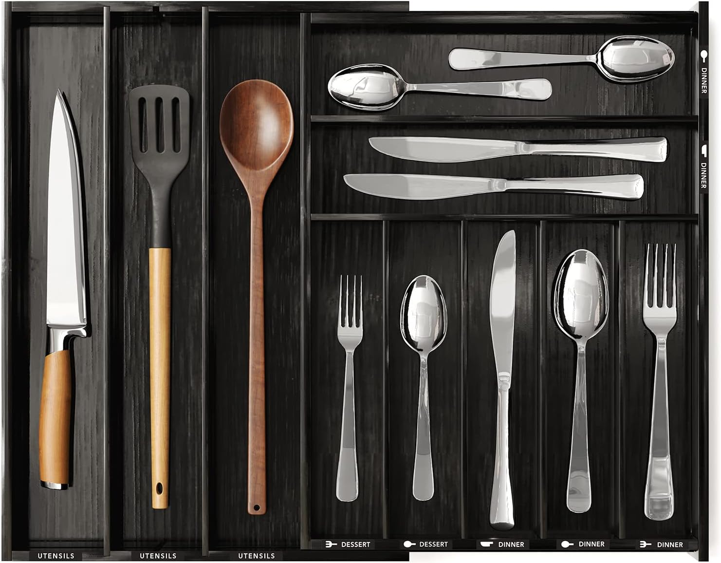 Spaceaid Bamboo Silverware Drawer Organizer with Labels, Kitchen Utensil Expandable Tray Holder for Flatware, Cutlery, Spoon and Knives Storage Organization (Natural, 10 Slots) (CJSN-PF-DB01)