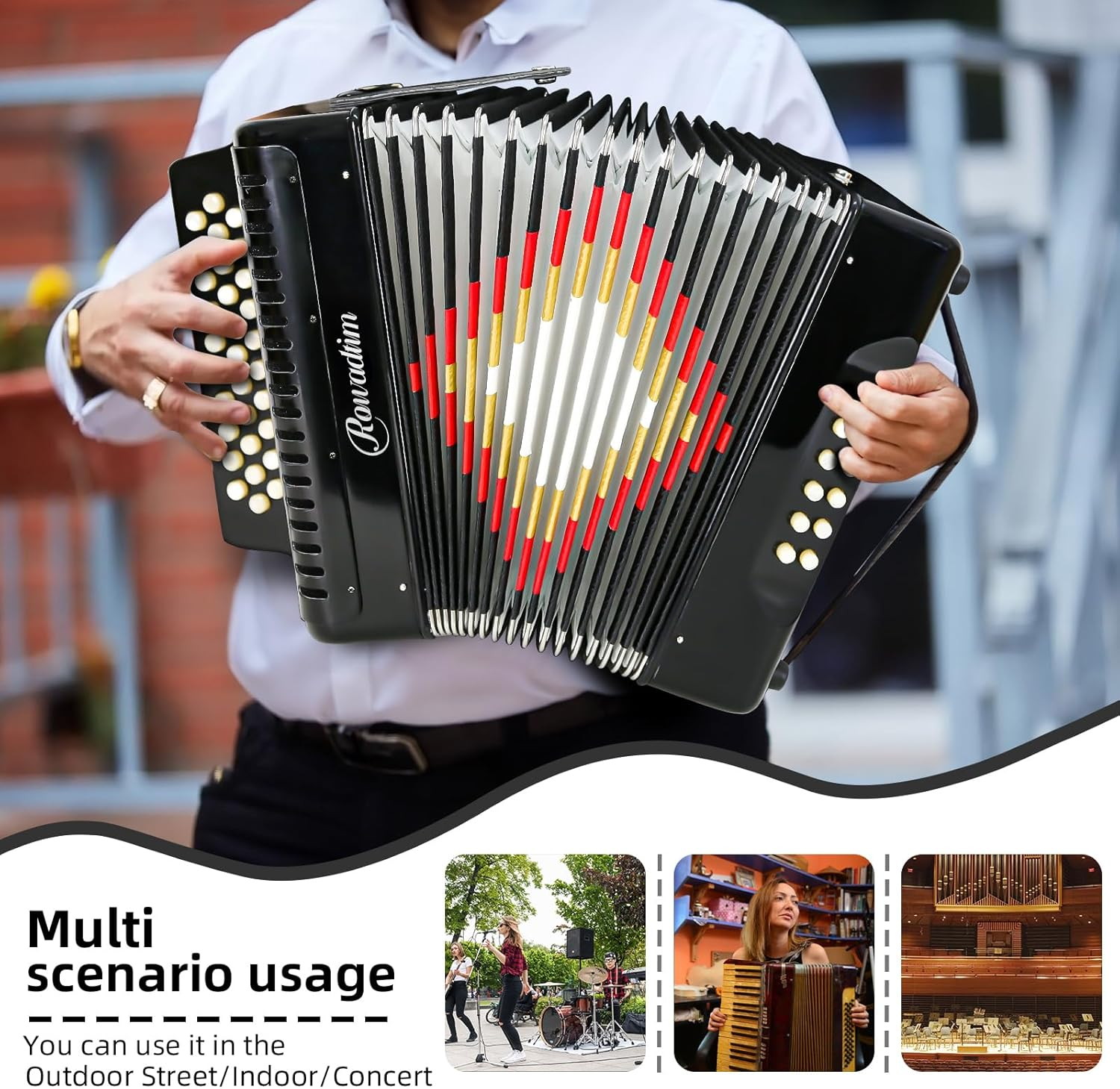 Accordion - 31 Keys, 12 Bass Professional Diatonic, Premium Portable Button Accordion for Adults & Beginners with Thick Protective Case (Black) - Gray image number 6