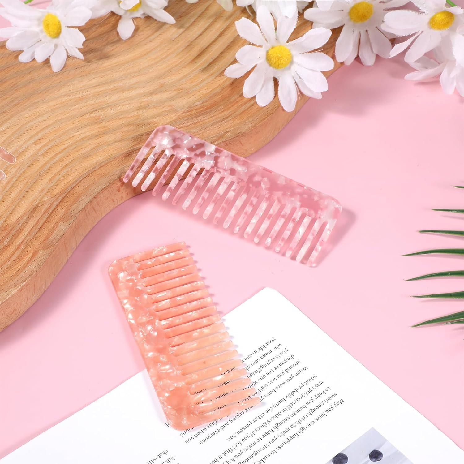 2 PCS Cellulose Acetate Wide Tooth Comb for Women, Large Hair Detangling Comb Wide Tooth Pocket Combs for Wet and Dry Hair Women Thick Curly Wavy (Pink, Light Orange) image number 3