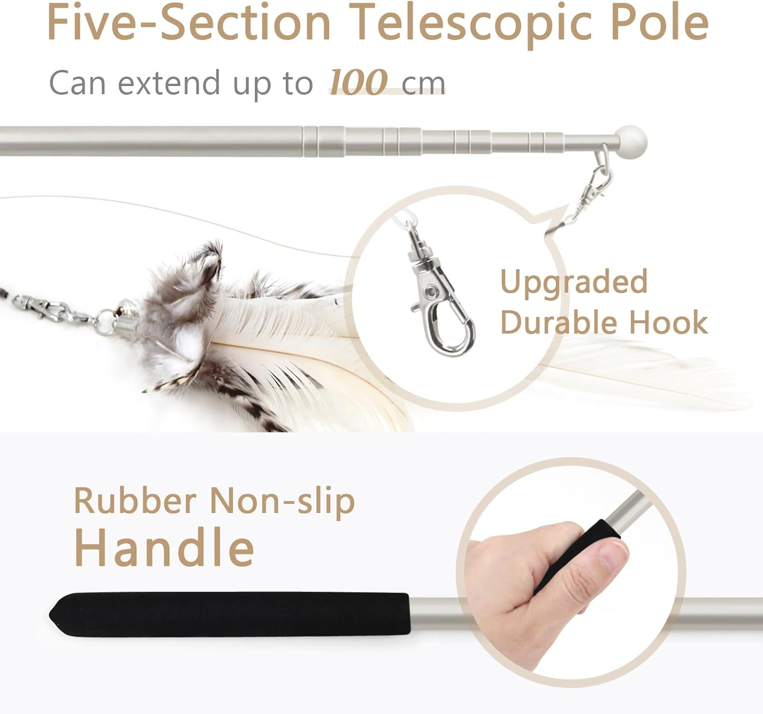 SONGWAY Cat Feather Wand - 7 Pcs Interactive Toys for Indoor Kitten, Retractable Wand with 6 Natural Feather Refills and Bell, Fishing Pole Toy image number 2