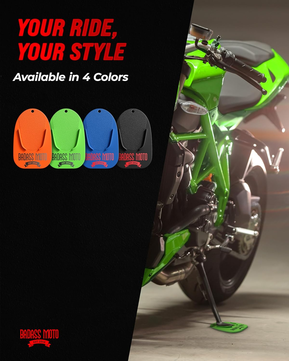 Badass Moto Gear Motorcycle Kickstand Pad - Green - American Made in USA. Durable Biker Kick Stand Coaster/Support Plate Color Choices. Rest or Park Your Bike on Hot Pavement Grass Soft Ground image number 6