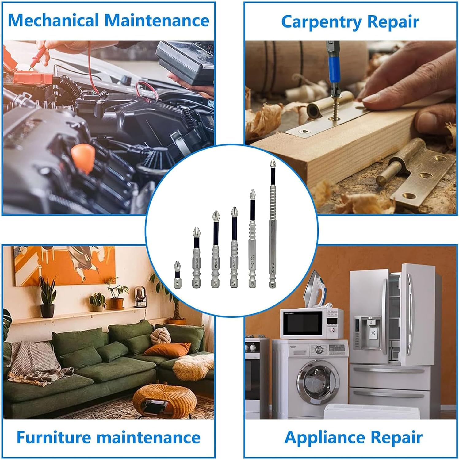 Nlvnmv 6 Pcs Magnetic Phillips Screwdriver Bit Set, 1/4 in (6.35 MM) Hex Shank, Anti-Slip Alloy Steel Cross Driver Bits for Power Screwdrivers & Impact Drills image number 3