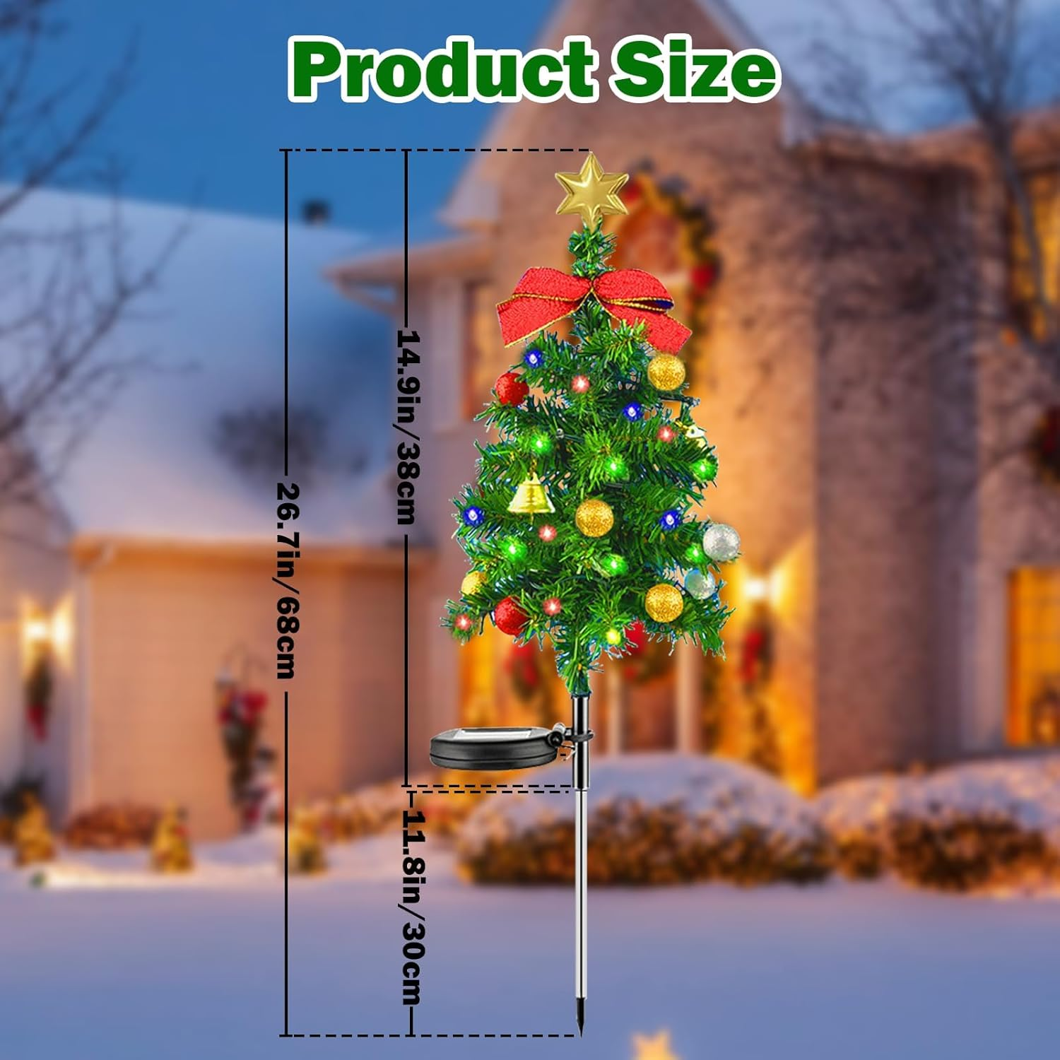 2 Pack Solar Christmas Trees Lights，68Cm Solar Waterproof Christmas Tree with LED Four Color Decorated Prelit Gift Boxes & Ornaments for Pathway Patio Yard Garden image number 6