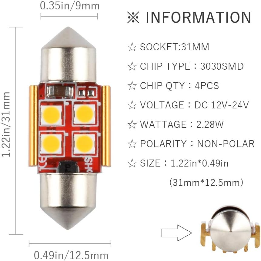 31Mm DE3175 DE3021 DE3022 LED Bulb Dome Light Warm White 3030 SMD for Cars Map License Plate Trunk Side Marker Interior Lights Bulbs Lamps Replacement Bright 12V 2W 1 Year Warranty 1.22 In【1797】 image number 6