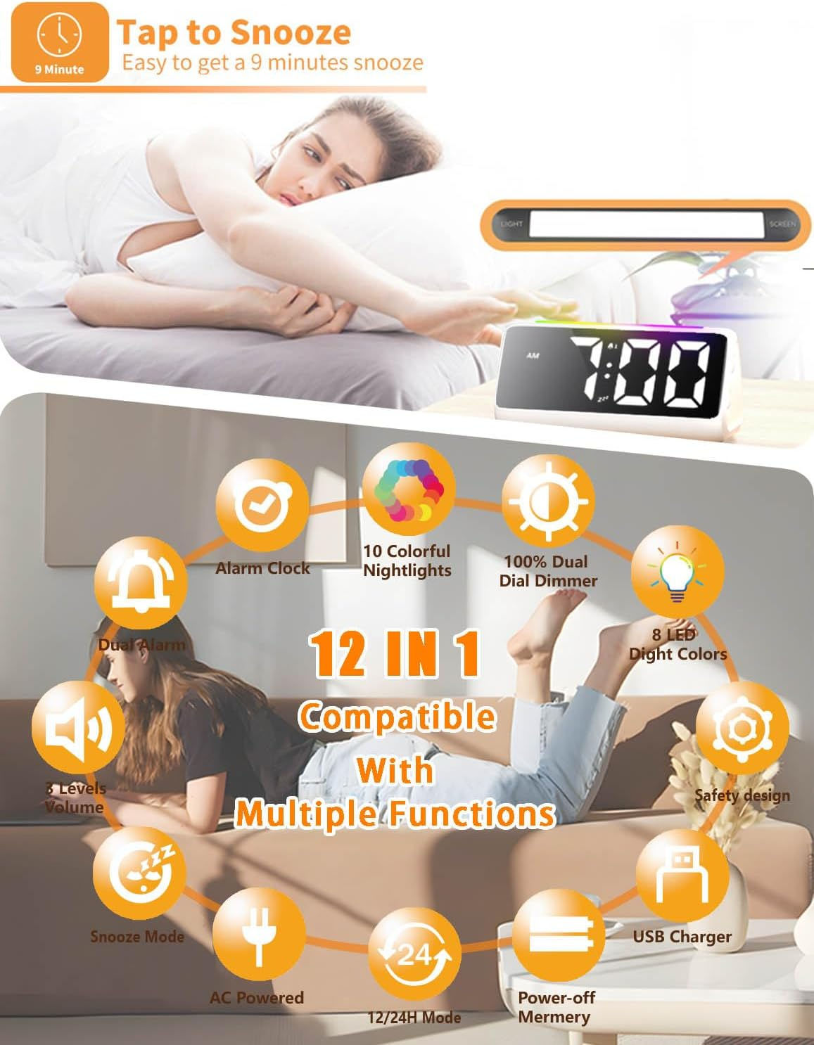 Ohamtes Digital Alarm Clock，Bedside Clocks with RGB Night Light, Large Display, Dual Alarm, Snooze, 100% Adjustable Brightness Dimmer Alarm Clocks, Suitable for Bedside image number 2