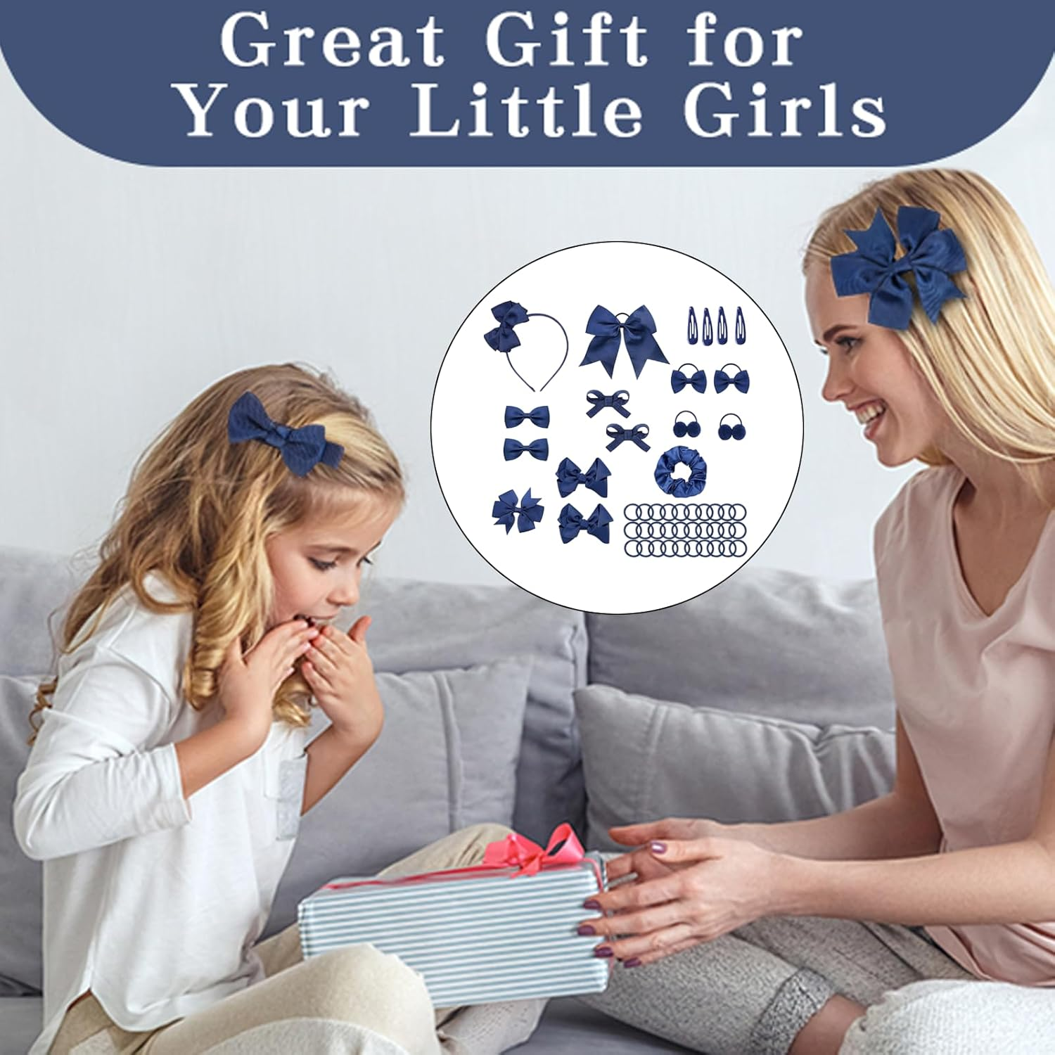 SSKHE Girls Hair Accessories Navy Blue 48 Pieces Hair Bows for Girls with Navy Headband, Blue Hair Clips, Ponytail Holders, Navy Blue Hair Accessories for Kids School