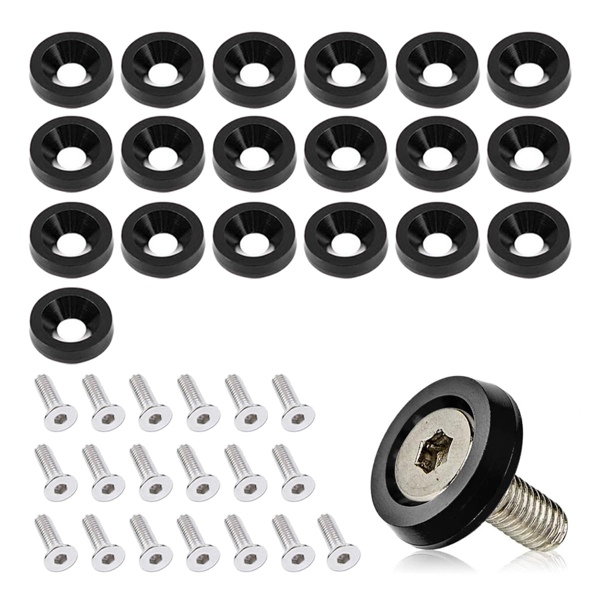 20PCS Aluminum Bumper Fender Washer Stainless Steel Bolts, Engine Bay Dress up Fastener Kit, M6 JDM Fender Washer, Car Body Decoration Kit for Headlights Trunk License Plate Frame (Black)