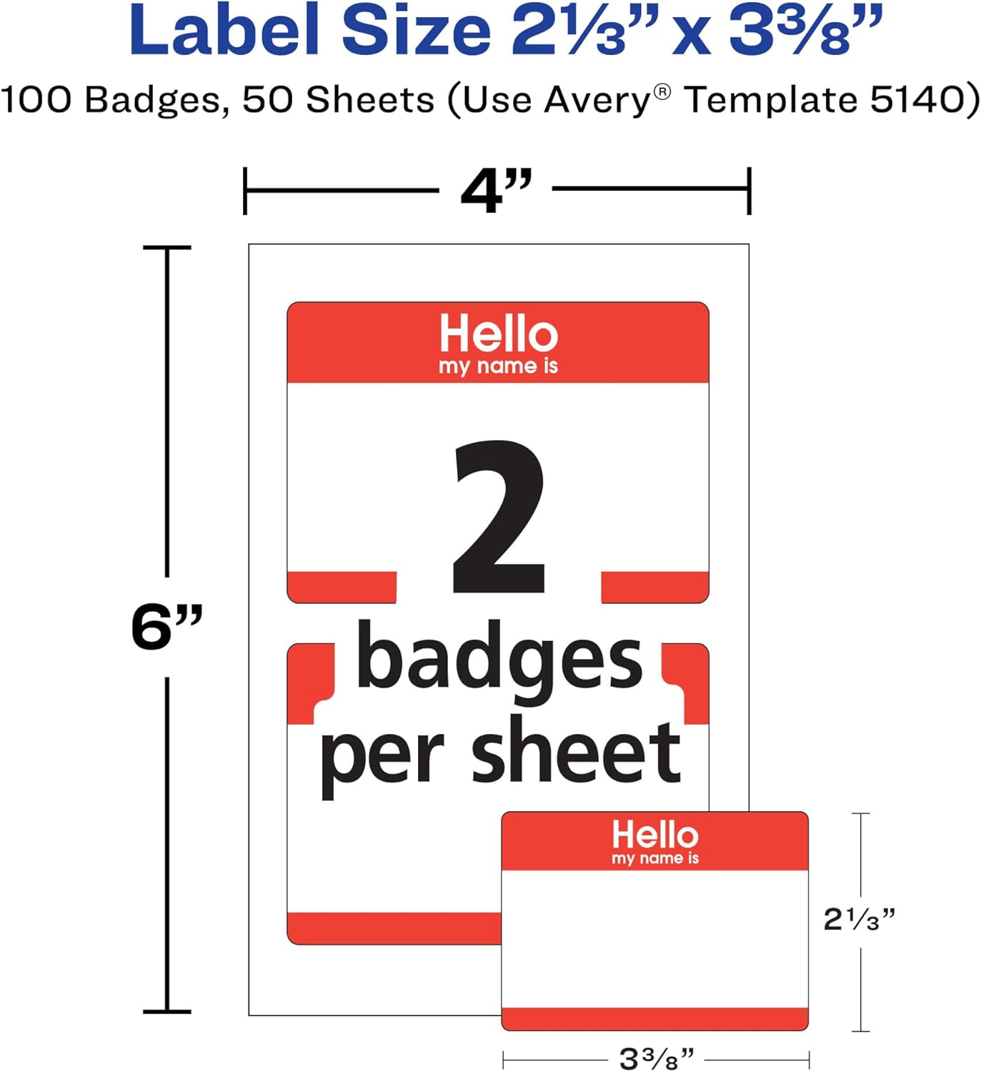 Avery Hello My Name Is Name Tags, White with Red Border, 100 Removable Name Badges (05140) - 2-1/3" X 3-3/8", White image number 4
