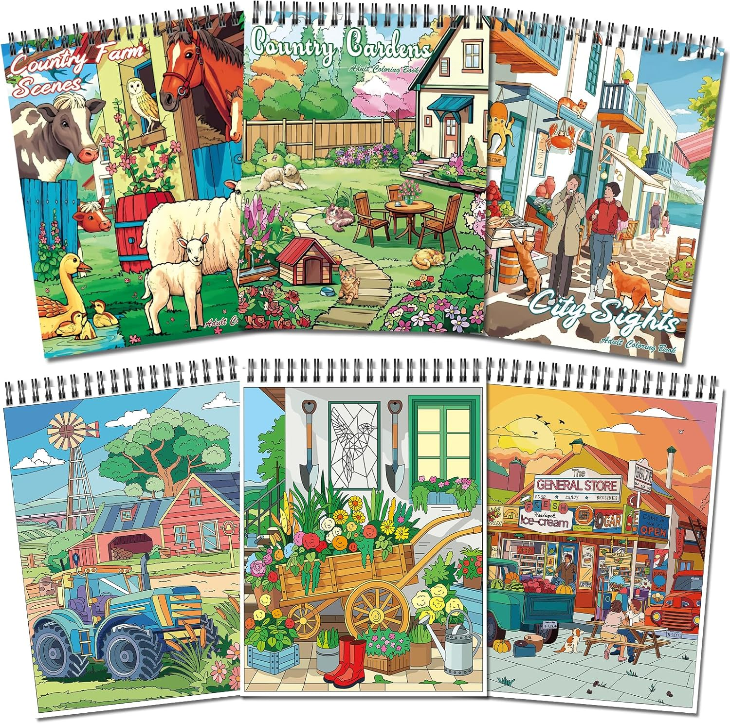 OSIMIG Adult Colouring Books Set, 3 Themes for Country Gardens, Country Scenes Farm & City Sights, Colouring Books for Adults to Relax and Relieve Anxiety, 60 Patterns Top Spiral Bound image number 5