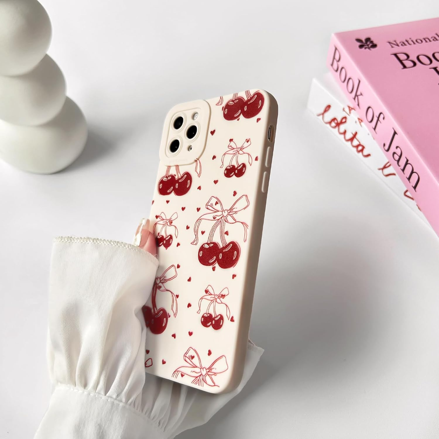 NITITOP Compatible with Iphone 11 Pro Case Cute Bow Bow Cherry Small Hearts for Women Girls Soft TPU Shockproof Protective Case White Mobile Phone Case - White image number 5