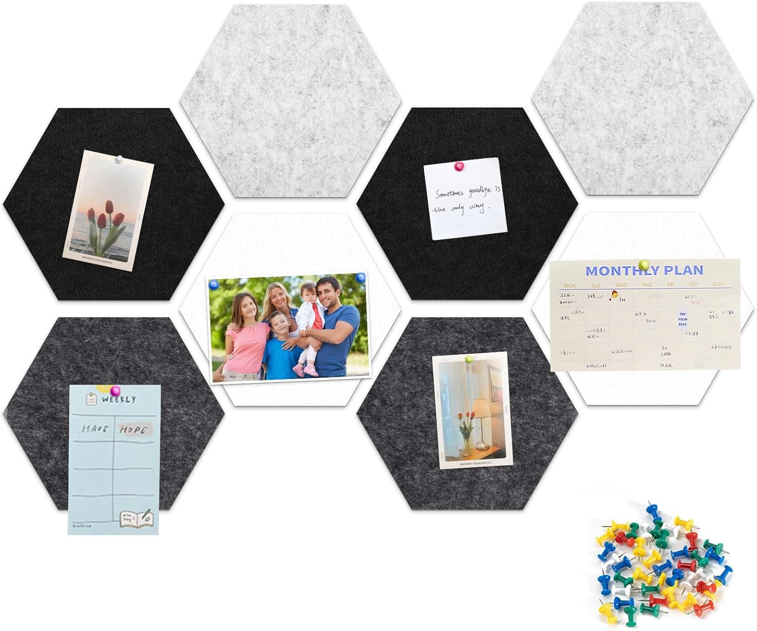 12" Large Bulletin Board with 30 Push Pins, Pack of 8 Hexagon Felt Pin Board Notice Boards for Home Office Kitchen, Felt Wall Tiles for Photos Memos-Camel Grey image number 6