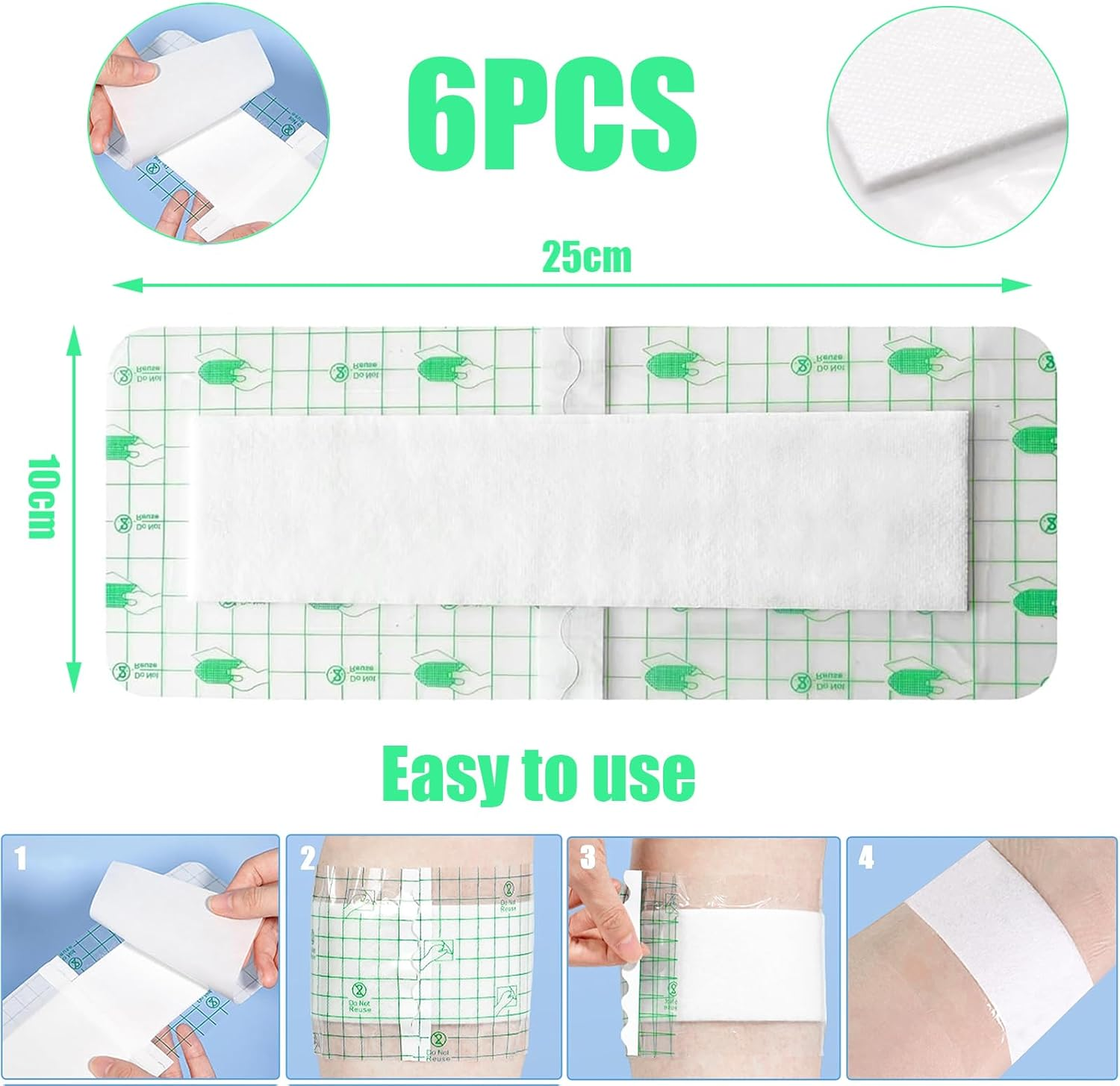 Film Wound Incision Island Dressing,Waterproof Bandage Gauze Absorbent Patche,Adhesive Shower Shield for after Surgery-6Pcs