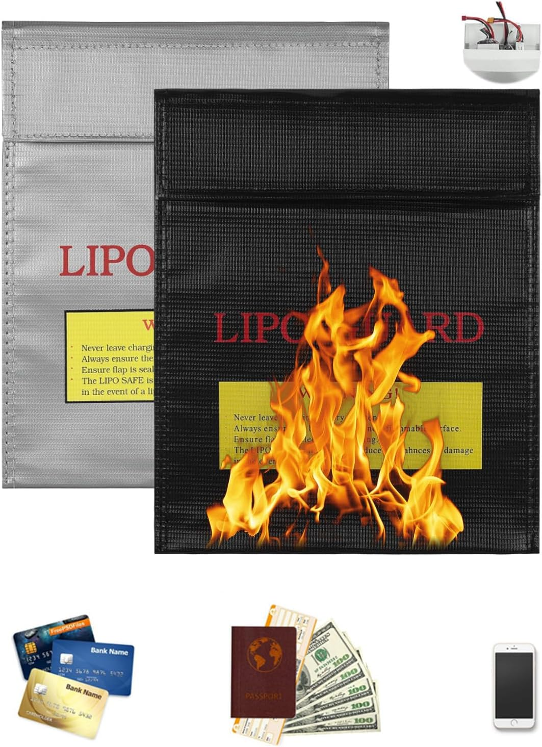 Lipo Battery Safe Bag,Fireproof Document Bag, 2 Pack Portable Fireproof Bag Waterproof Safe Document Box for Lipo Battery, Documents, Money, Jewelry,Phone (2, 23 X 30Cm) image number 5
