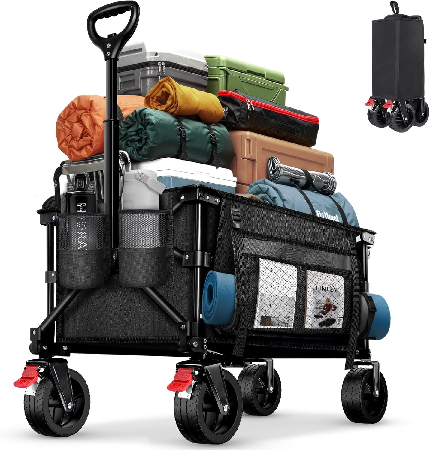 BELEEV Collapsible Wagon Cart, Heavy Duty Foldable Utility Cart with 6" All-Terrain Big Wheels, 130L Large Capacity, Side Pocket & Drink Holders for Beach Grocery Garden Camping Sports Shopping(Black) image number 3