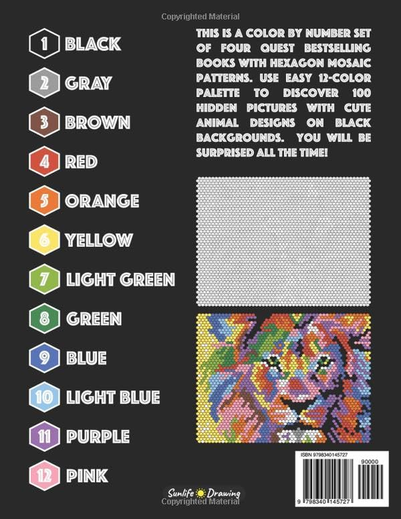 100 Animal Quest Color by Number (Black Backgrounds): Color Quest Activity Book with 12-Color Palette image number 1