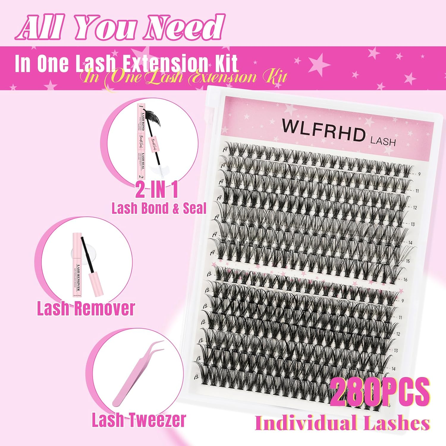 WLFRHD Lash Clusters Kit Individual 280PCS Lashes Eyelash Clusters DIY Cluster Eyelashes Kit Natural Eyelash Extension Kit with Lash Bond and Seal, Eyelashes Remover and Tweezers(30D+40D-Mix9-16Mm Kit) image number 6