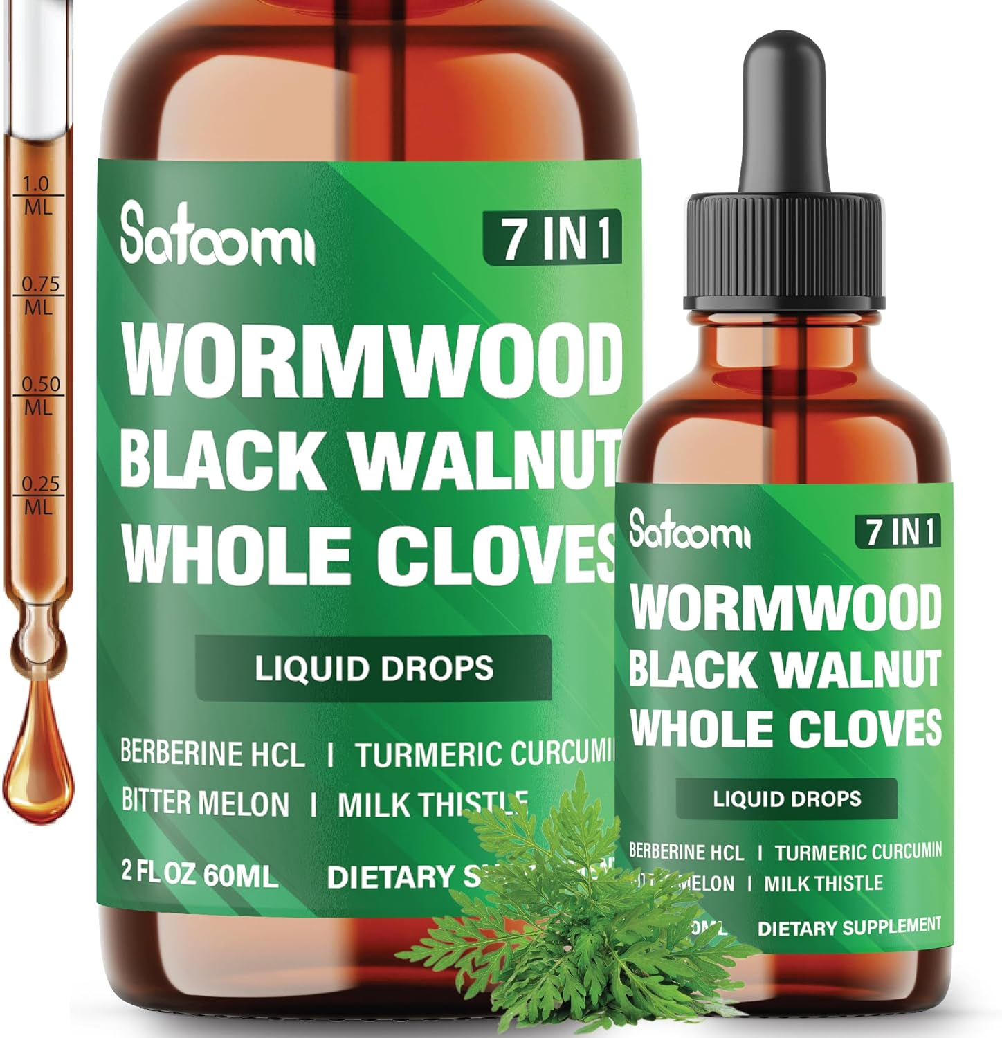 SATOOMI 7In1 Wormwood Liquid Drops with Black Walnut, Whole Cloves, Berberine, Milk Thistle, Bitter Melon and Turmeric - 60Ml for 60 Days image number 2