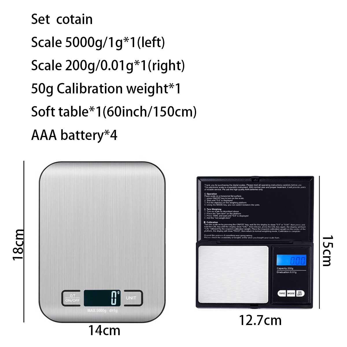 Digital Scale Set,11Lb,5Kg/1G,200G/0.01G,With 50G Calibration Weight,Kitchen Scale,Food Scale,Large Weighing Pans and High-Precision Solutions,Battery Included,Soft Tape Included(150Cm/60Inch) image number 2