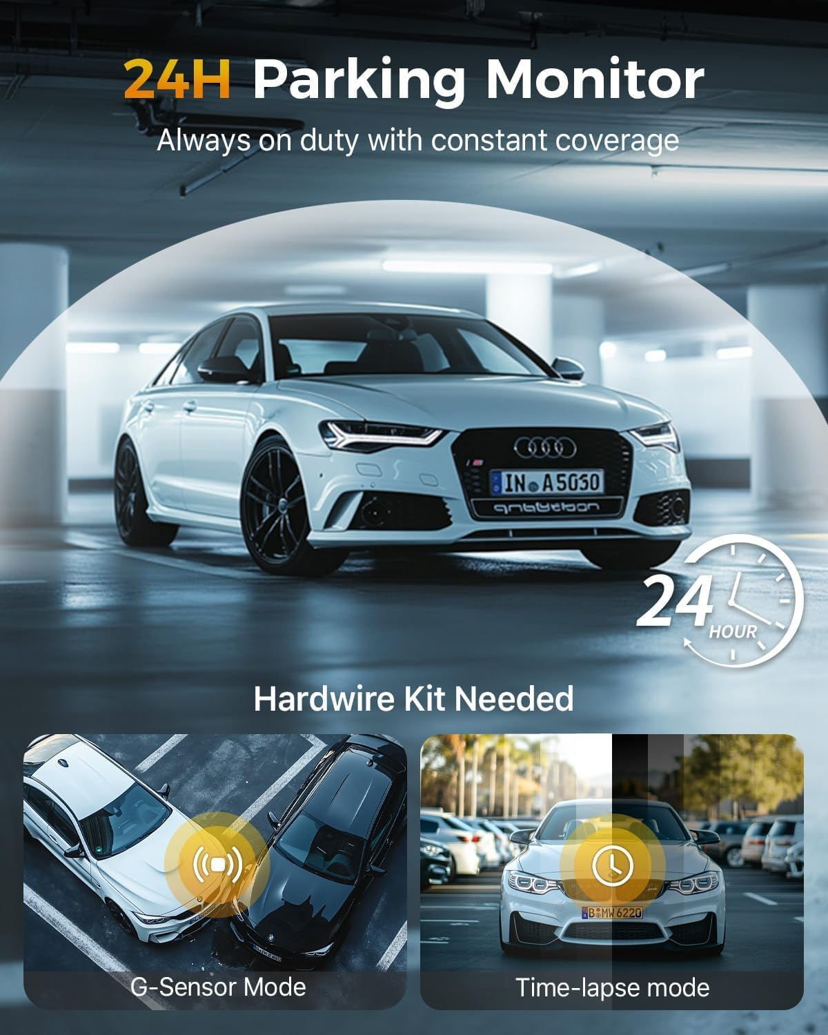 GKU 4K 3 Channel Dash Cam, 5.8Ghz Wifi Built-In GPS, 4K+1080P+1080P Dash Cam Front and Rear Inside, 64GB Card Inserted, 24H Park Mode, Triple Car Camera 3 Inch Screen