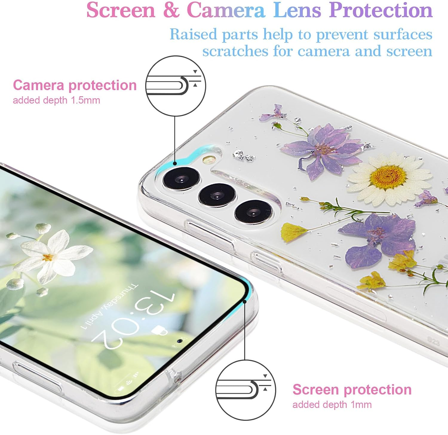 EYZUTAK Dried Flower Case for Samsung Galaxy S23, Soft Slim TPU Clear Sparkle Stars Glitter Silicone Gel Shockproof Flower Protective Case Light Blue image number 4