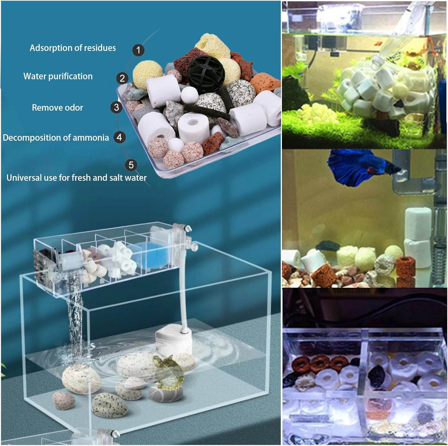 Aquarium Filter Media, 12 in 1 Aquarium Filter Media, Bio Balls Ceramic Rings Set for Aquarium Fish Tank Pond,Fish Tank Filter, Accessories 500G image number 5