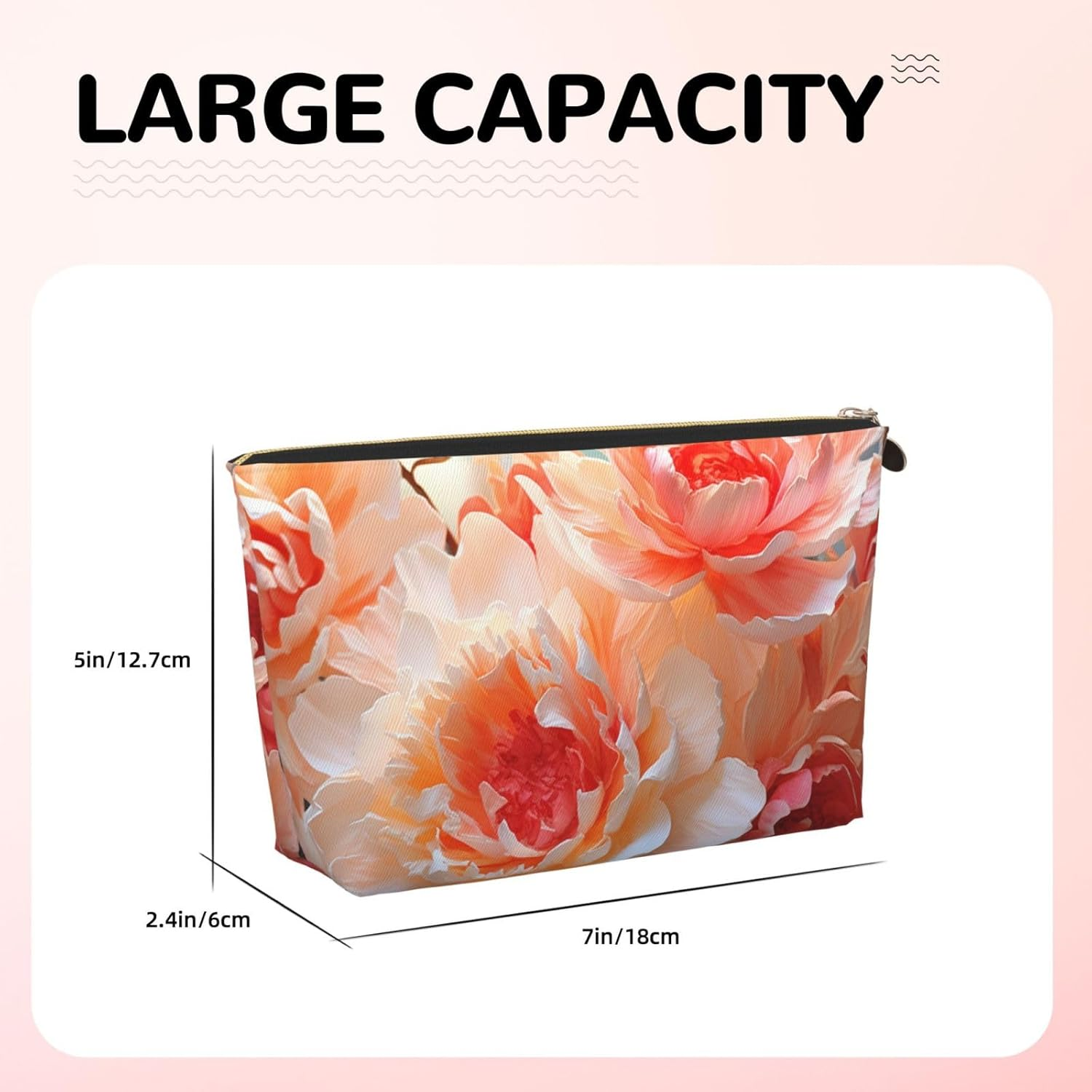 SDTYKHJ Large Capacity Makeup Bag for Women, Waterproof Portable Shaving Bag, Small Toiletry Bag, Peach Peony, Leather, Travel Cosmetic Organizer Bags, Gold, One Size image number 2