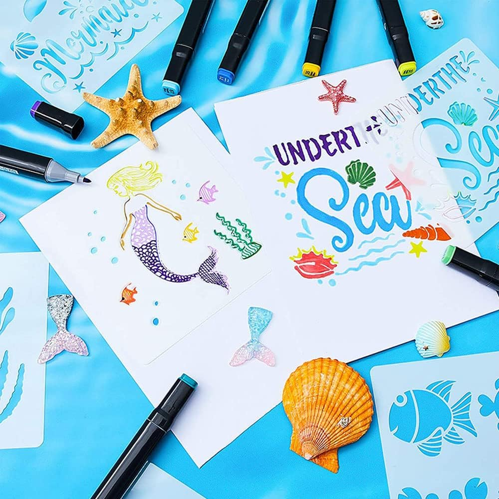 Stencils for Painting Ocean Theme, Reusable Sea Creature Mermaid Stencil Template for Painting on Wood, Wall, Scrapbook (White) image number 3