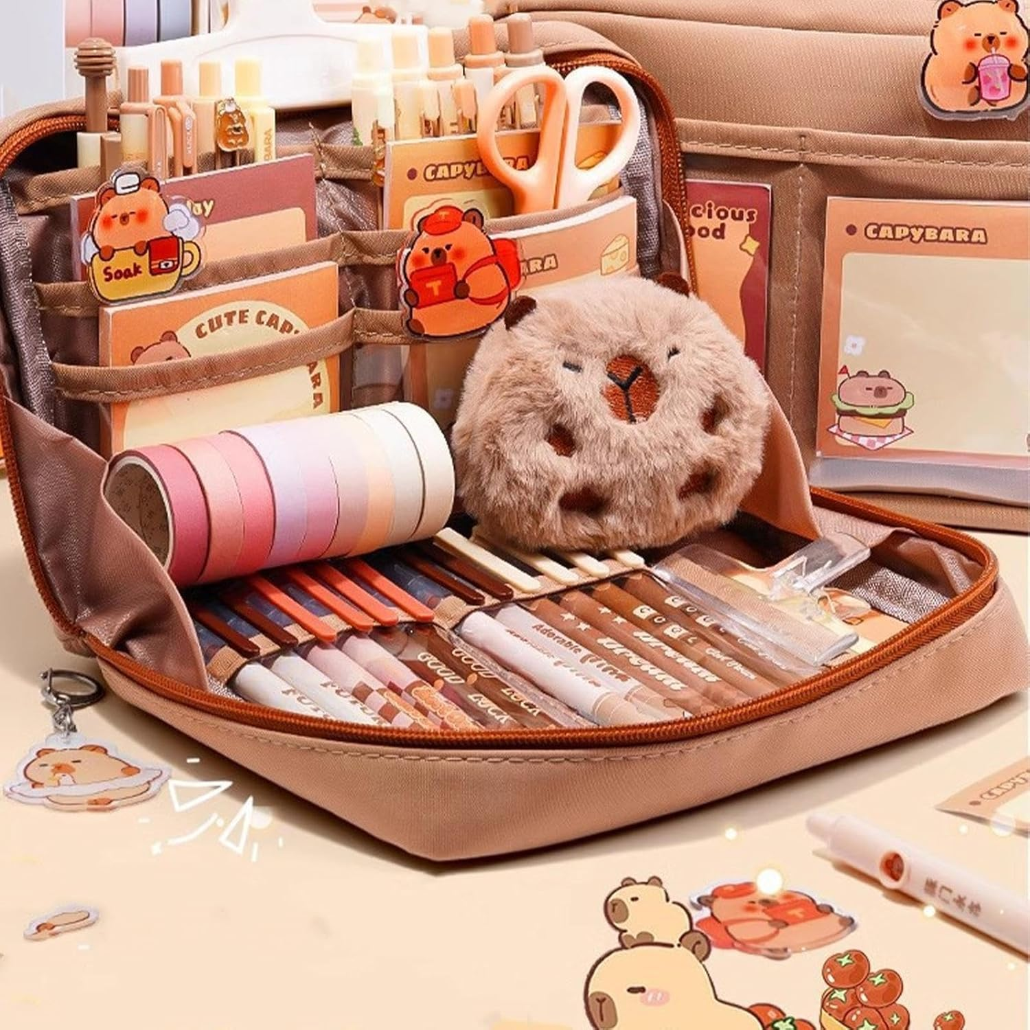Tuxuseo Capybara Stationery Set, Cartoon Pencil Bag, Cute Pencil Case with Pens, Clips, Rulers and More, Wide Opening Pen Organiser image number 6
