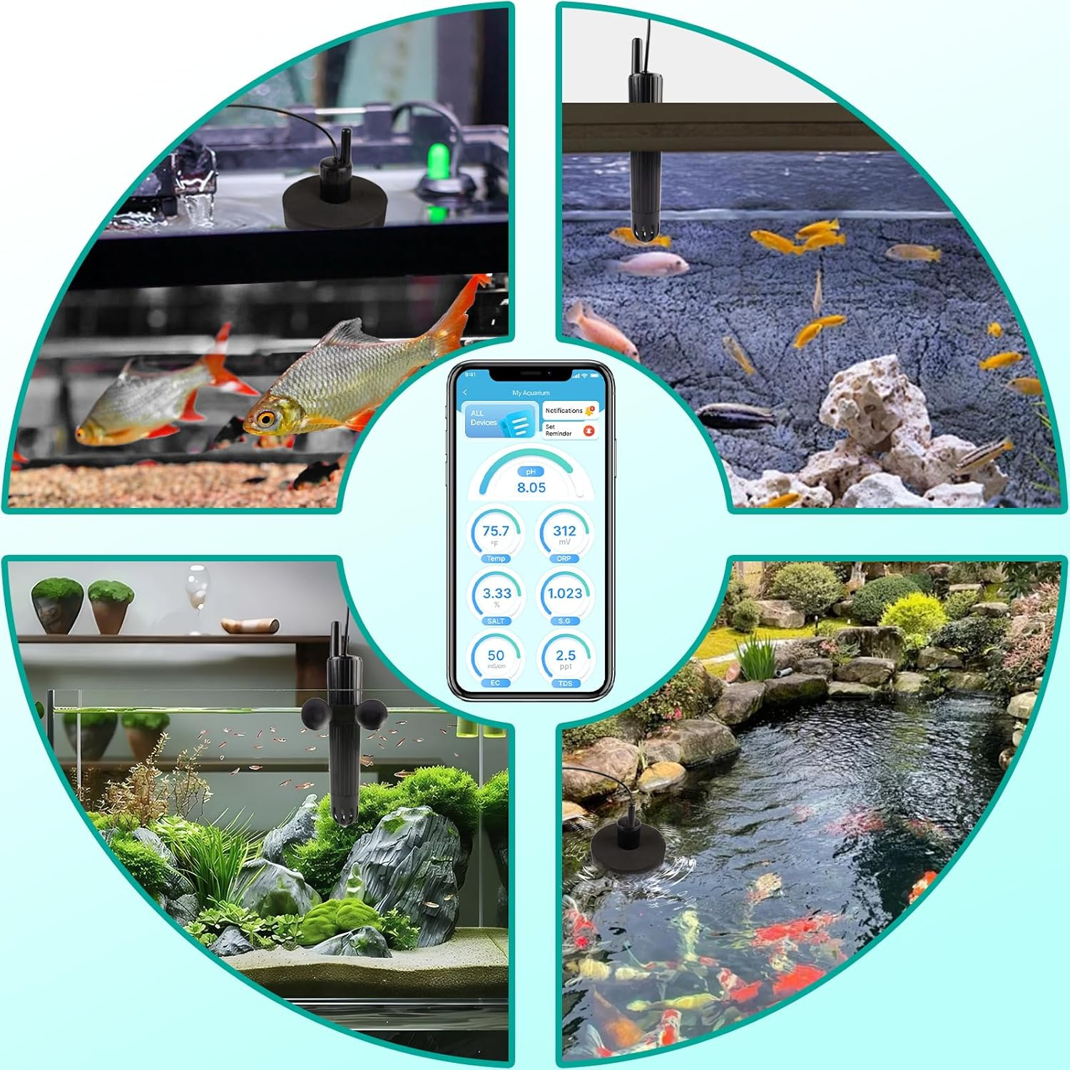 Kactoily Smart Aquarium Monitor, Multi-Parameter Fish Tank Water Tester for Ph, Salinity, SG, ORP, TDS, EC & Temp with Real-Time App Alerts image number 2