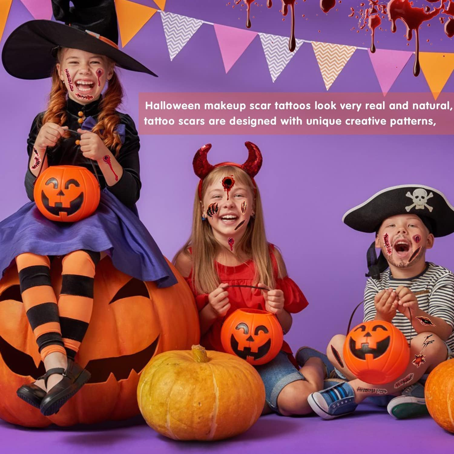30 Sheets Halloween Tattoo Sticker Waterproof - Temporary Tattoos - Bats Cuts Blood Splatter Stitches Spiders Webs Witches - Halloween Sticker Pack for Adults Kids - Steadyink&reg; image number 3