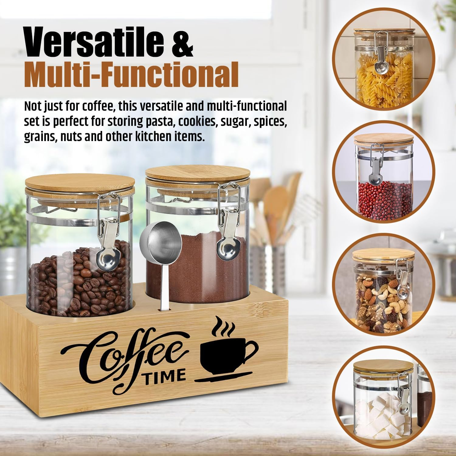 Generic Modern Elegant Coffee Canister Set - 2 X 1.5Kg Capacity, 33Cm L X 15Cm H - Glass & Bamboo, Airtight, Wire Clamp Closure - Perfect for Coffee & Dry Goods Storage image number 2