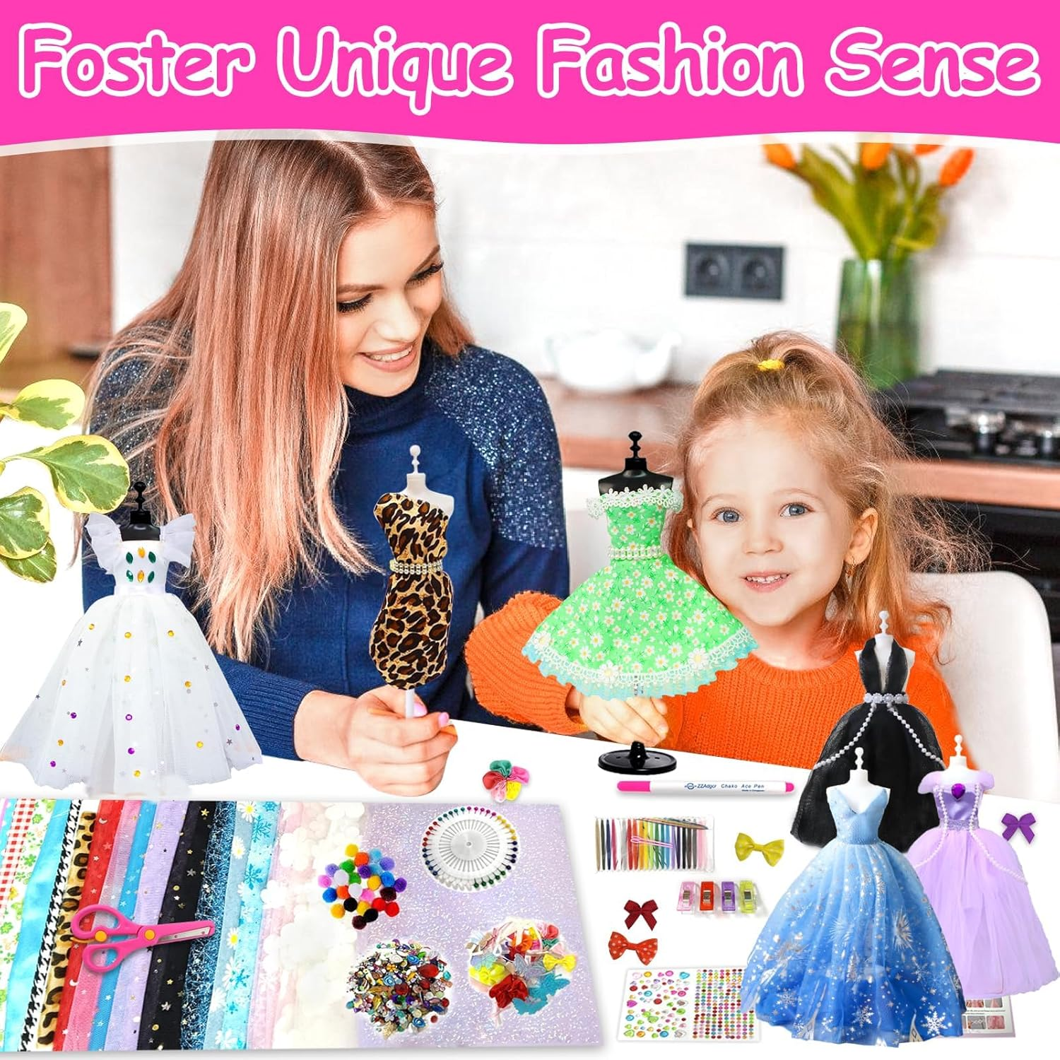 500+Pcs Fashion Designer Kit for Girls, Sewing Kit Arts and Crafts Set for Kids Ages 6-12 with 4 Mannequins & Instruction DIY Doll Clothes Making Learn to Sew Toys for Girls Birthday Gift
