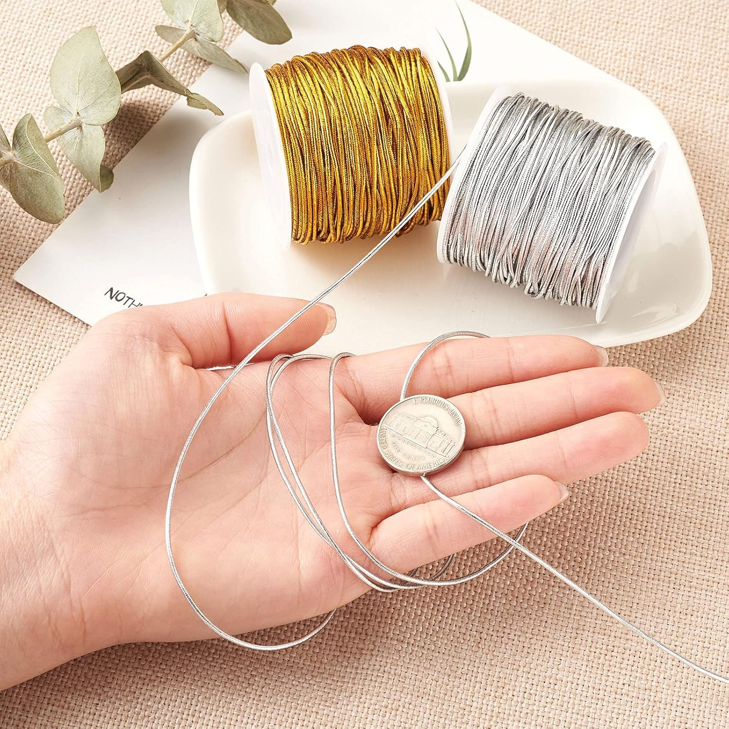 1 Rolls Metallic Elastic Cords Stretch Cord,0.8Mm X 100M Ribbon Metallic Tinsel Cord Rope,For Braiding Rope for Gift Wrapping,Crafts,Ornaments Hanging,Jewelry Making,Bracelets,Hair Decorations (S) image number 1