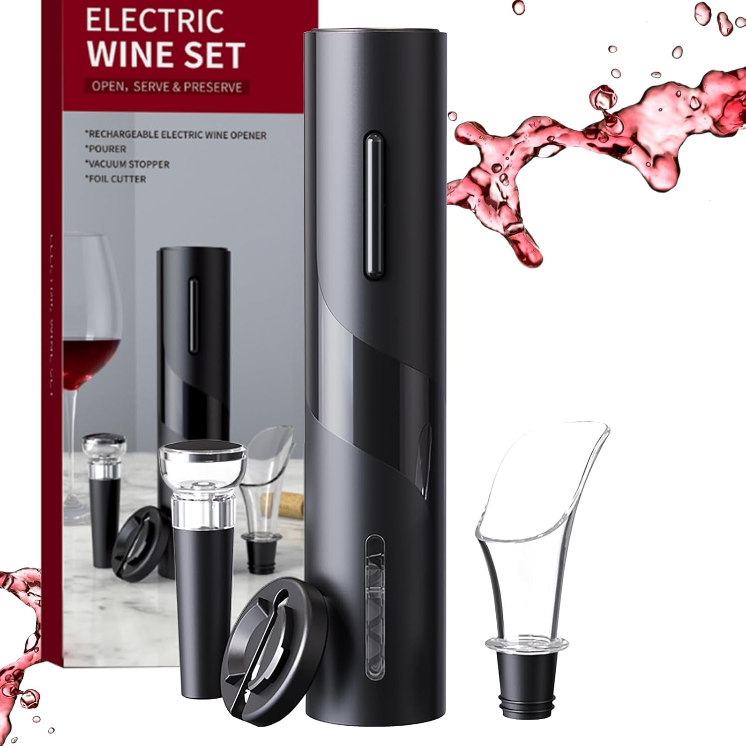 Electric Wine Opener 4-In-1 Set, Vacuum Wine Stopper, Pourer, Foil Cutter, Corkscrew, Battery Operated, Wine Aerator, Easy Wine Cork Removal to Storage(Sgs) image number 2