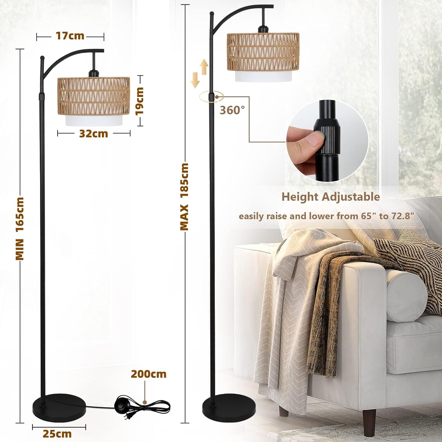 Arc Floor Lamp for Living Room with 3 Color Temperatures, Farmhouse Floor Lamps with Remote & Dimmable Bulb, Boho Standing Lamp with Rattan & Fabric Shades, Adjustable Tall Lamp for Bedroom image number 1