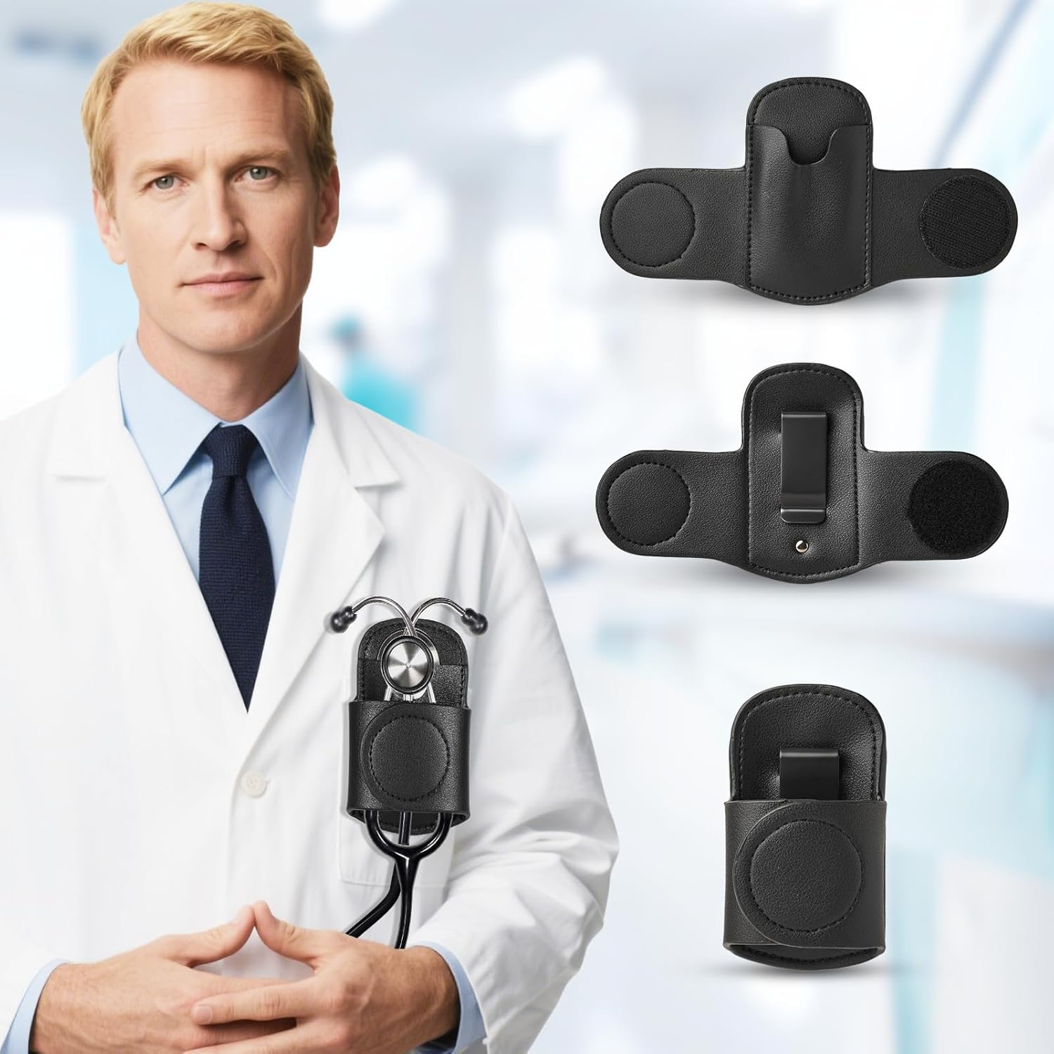 Leather Stethoscope Holder Hip Clip 2025 Black PU Leather Lightweight Universal Clip-On Stethoscope Hip Holder for Physicians Nurses Portable Medical Equipment Holder for Physicians Doctor Nurses image number 2