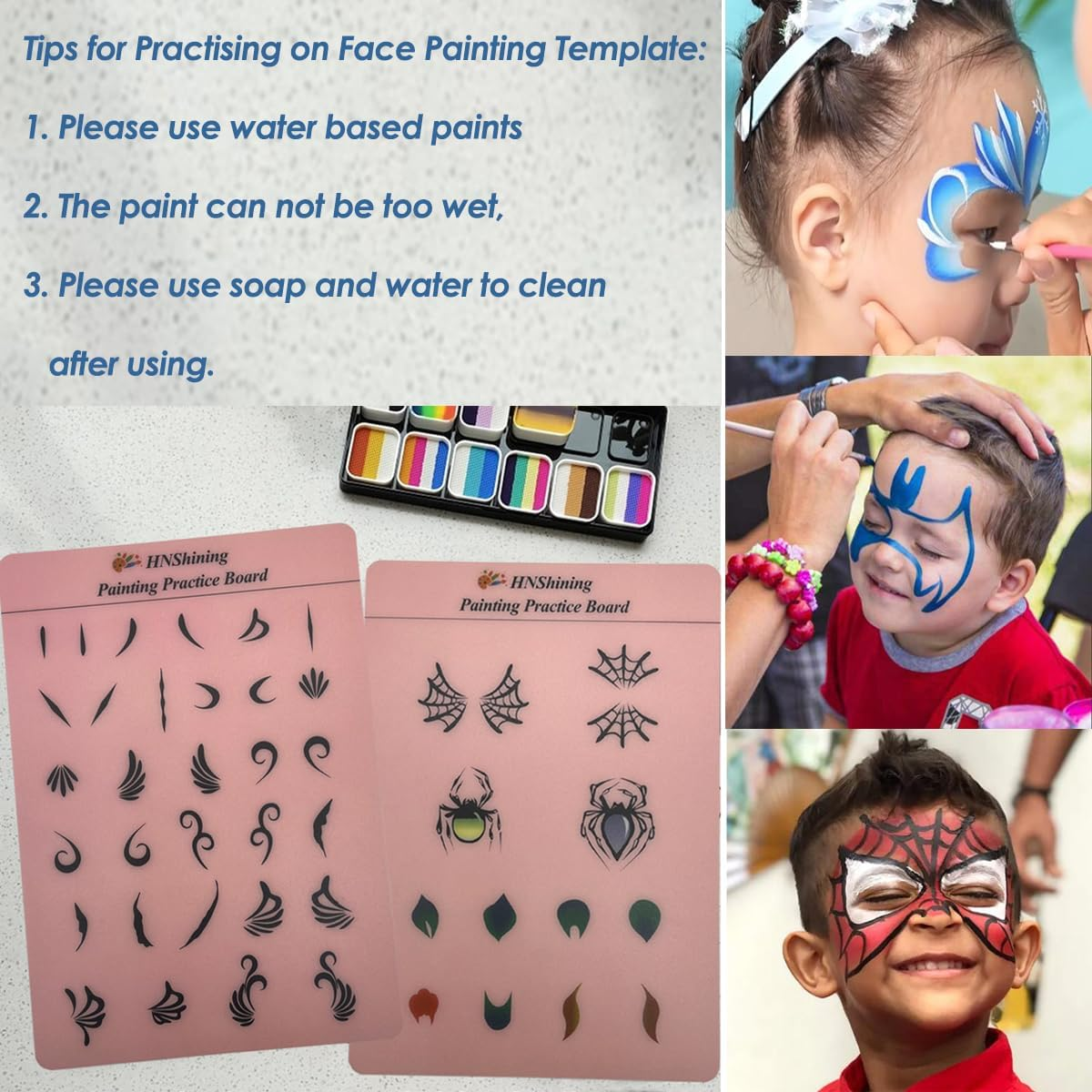 Hnshining Face Painting Practice Board,Body Paint Exercise Board with Various Patterns,Hnshining Reusable Painting Patterns Exercise Template,Painting Skill Practice Sheet image number 4