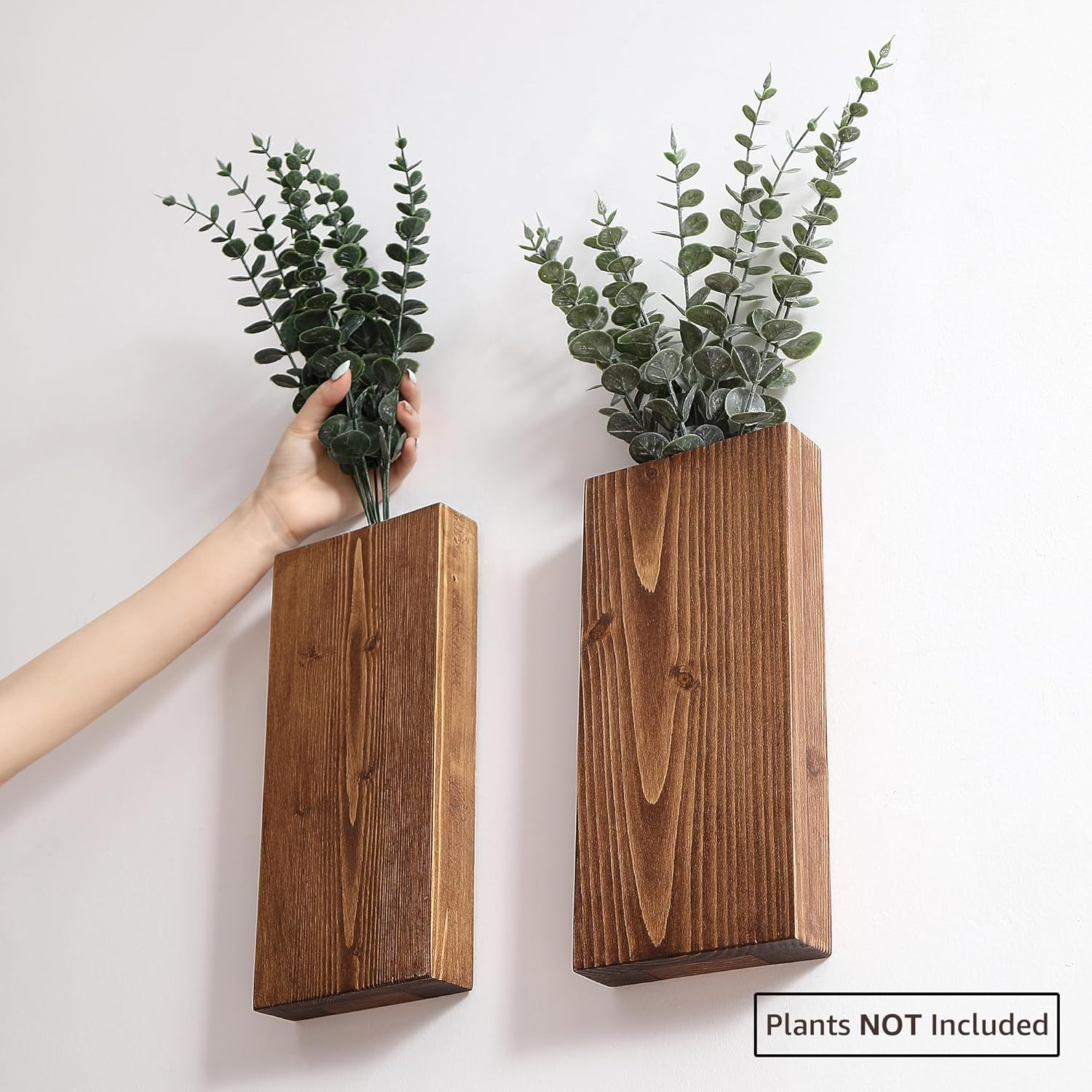Wood Wall Planter Set of 2, Wood Wall Pocket for Greenery and Dried Flowers, Indoor Wood Hanging Vase, Modern Farmhouse Wall Decor for Living Room Bedroom Office Eucalyptus Stems Decorations (Walnut) - Walnut image number 5