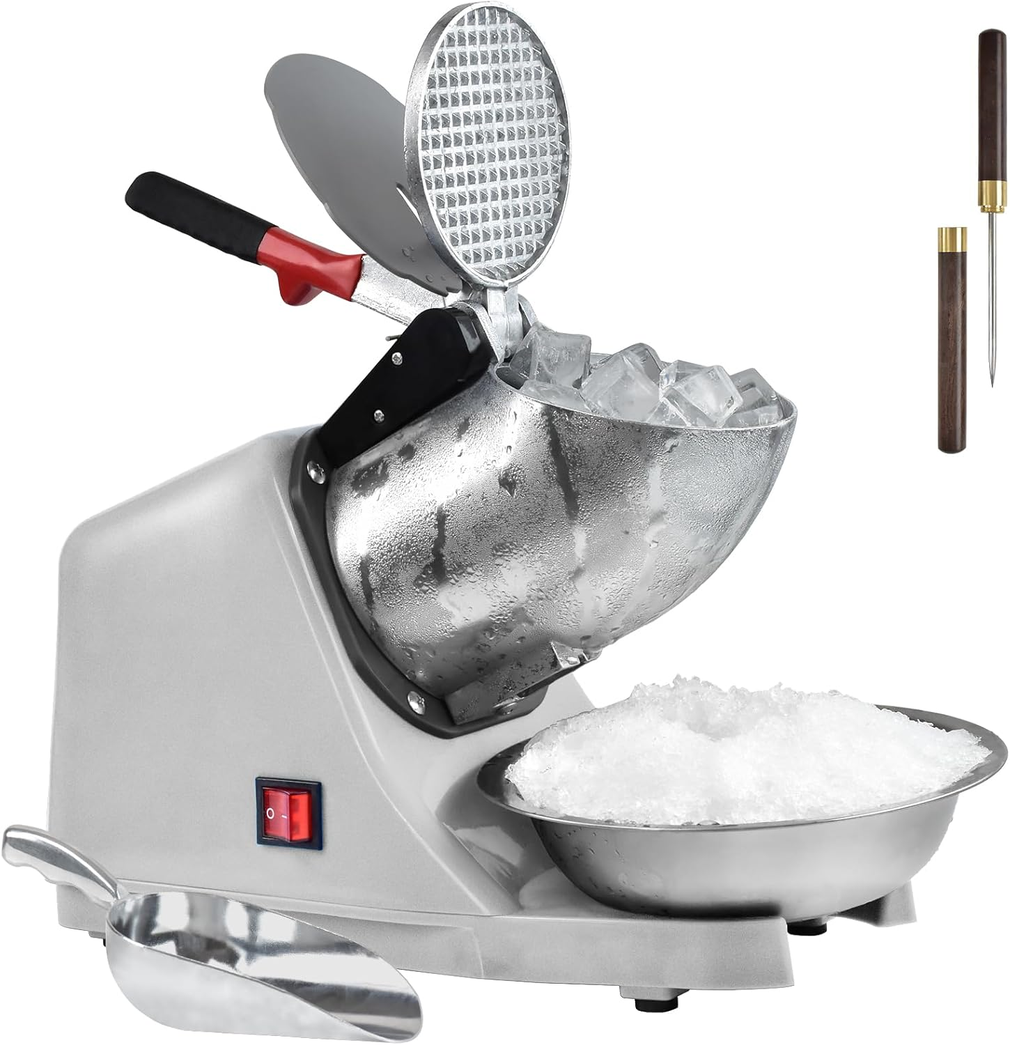 Electric Ice Shaver Machine,With Ice Pick and Scoop,3 Blades of Electric Snow Cone Machine(300W 2200R/Min),Splash Proof Shaved Ice Machine,Ice Crusher Machine for Home Commercial Use (Silver)