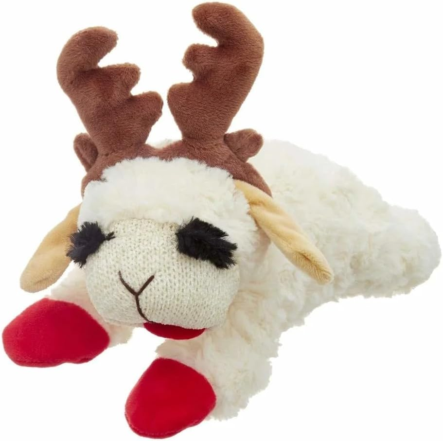 MULTIPET Holiday Lamb Chop with Reindeer Antlers Plush Dog Toy (10.5" Laying Lamb)